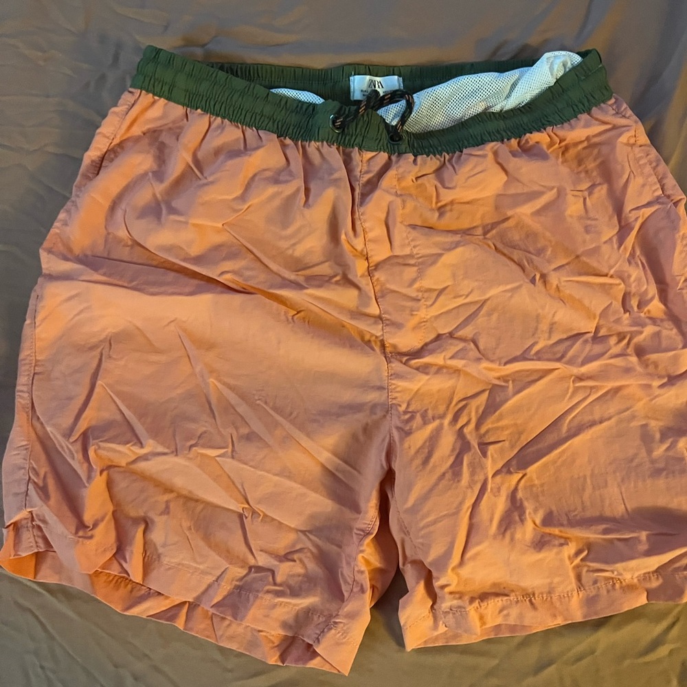 Zara men’s swim trunks. Peach and hunter green